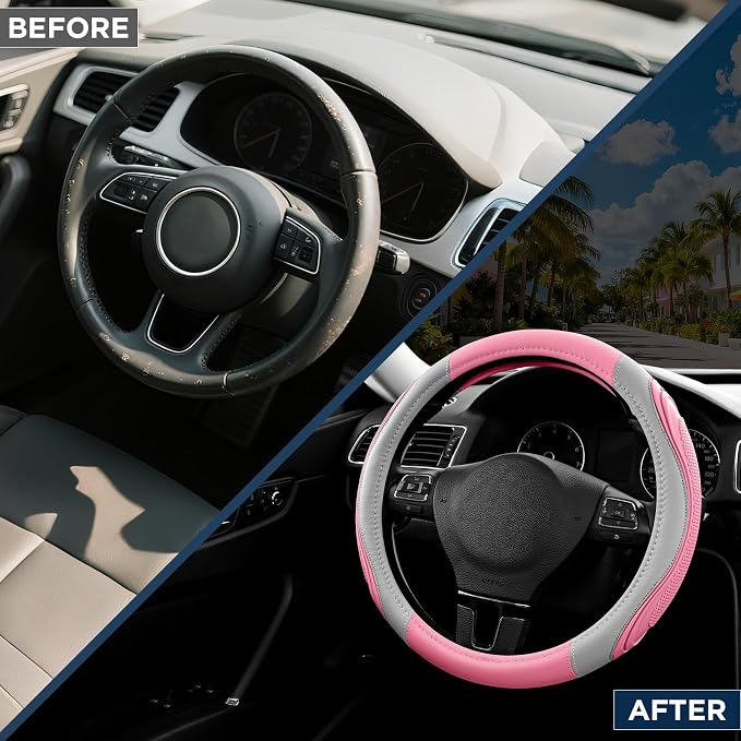 Car Steering Wheel Cover - Microfiber Leather Steering Wheel Wrap Sports 14.5-15 Inch Steering Wheel Cover Non-Slip for Men Women Pink & Gray Color