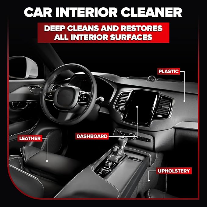 Car Interior Cleaner – Stain Remover & Odor Eliminator – No Residue Finish – Safe on Leather, Fabric, Carpet & Plastic – Detailing Spray with Microfiber Towel – 128oz