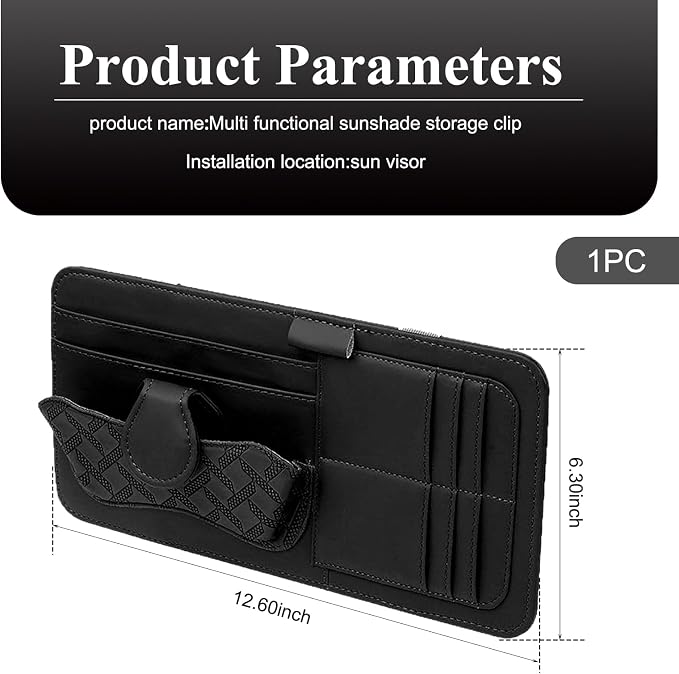 Car Sun Visor Organizer, Leather Multi-Pocket Auto Visor Storage Pouch for Sunglasses Cards License, Waterproof Car Interior Space-Saving Accessories, Universal for Most Cars (Black)