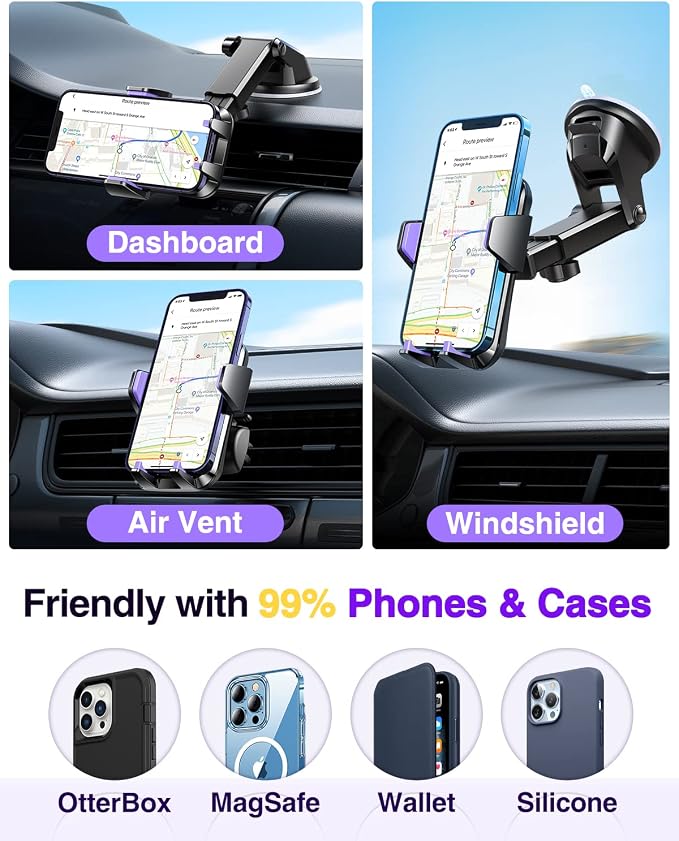 【85+LBS Strongest Suction & Military-Grade Ultimate Car Phone Mount【Patent & Safety Certs】 Cell Holder Truck for Dash Windshield Vent for iPhone 17 Pro Max Automobile Accessory Kits,Purple