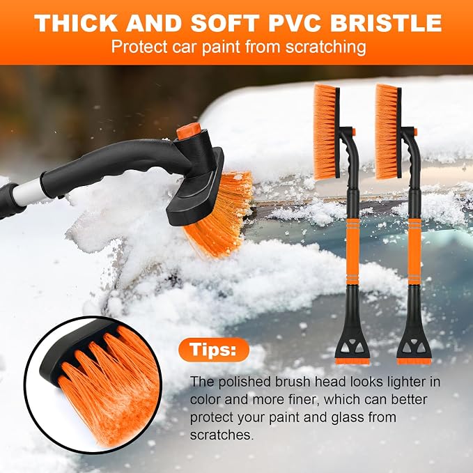 2 Pcs Ice Scrapers for Car Windshield, 2-in-1 Snow Scraper and Snow Brush for Car SUV Truck, Car Ice Windshield Scraper for Ice and Snow with 360° Pivoting Brush and Ergonomic Foam Grip Orange