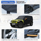 Half Car Cover Custom Fit for Jeep Wrangler 4 Dr/Unlimited 4 Door JK JL, Windshield Cover for Ice and Snow Top with Reflective Straps, Roof Cover Waterproof All Weather Dust, Sun Protection.