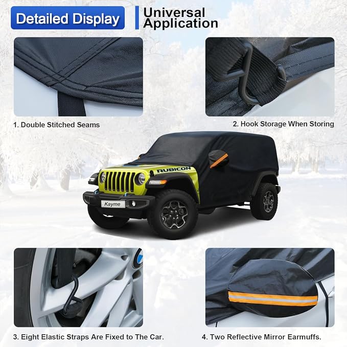 Half Car Cover Custom Fit for Jeep Wrangler 4 Dr/Unlimited 4 Door JK JL, Windshield Cover for Ice and Snow Top with Reflective Straps, Roof Cover Waterproof All Weather Dust, Sun Protection.
