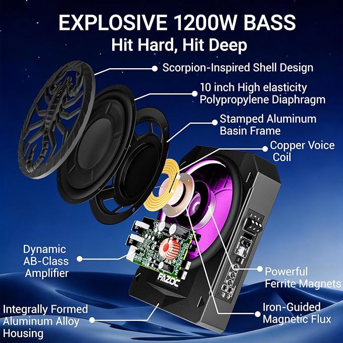 Car Underseat Subwoofer Amp – 10" 1200W RGB, fits SUV/Truck,Scorpion | Powered sub and amp package with adjustable gain, bass boost & low pass, plus beat-synced RGB lighting for under-seat install