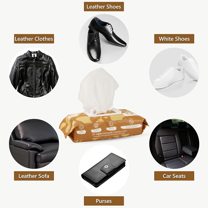 3in1 Leather Cleaner Wipes 70 Count (3 Pack), XL 8x10 Inch | Clean, Condition, Protect Wipes For Vinyl & Leather Apparel, Furniture, Auto Car Interior, Shoes, Boots, Bags