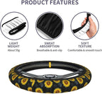 Sunflower Floral 3-Pc Car Set : Steering Wheel Cover + 2 Pc Car Coasters | Universal 14 - 15 Inch Breathable Anti Slip Sunflower Car Accessories Decor for Men Women