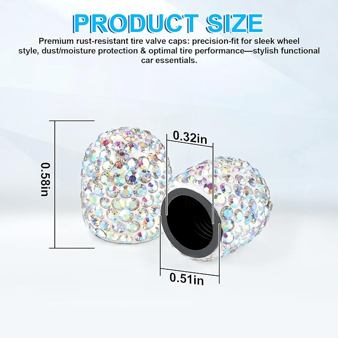 4 Pack Handmade Crystal Rhinestone Tire Valve Stem Caps, Universal for Cars, Trucks and Motorcycles - AB Color