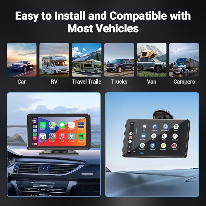 Carplay Screen for Car, 7" HD Wireless Apple CarPlay & Android Auto, Portable Car Stereo Touchscreen with Bluetooth, Mirror Link, Voice Control, Backup Camera, GPS Navigation, AUX, Fits All Vehicles
