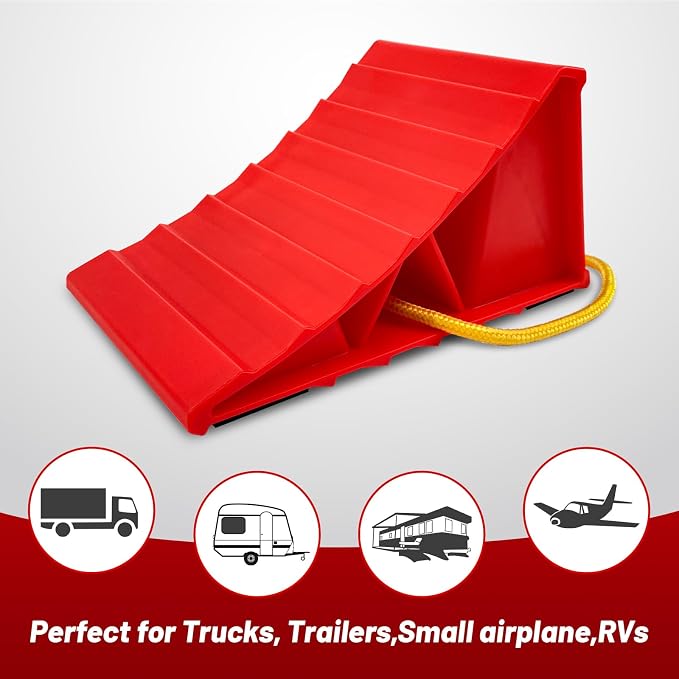 2 Pair Wheel Chocks for Travel Trailers, Non Slip Heavy Duty Red Wheel Chock with Rope, Lightweight Wheel Stoppers for Cars Campers Trucks RVs, Easy to Carry & Suitable for Most Tyre Sizes