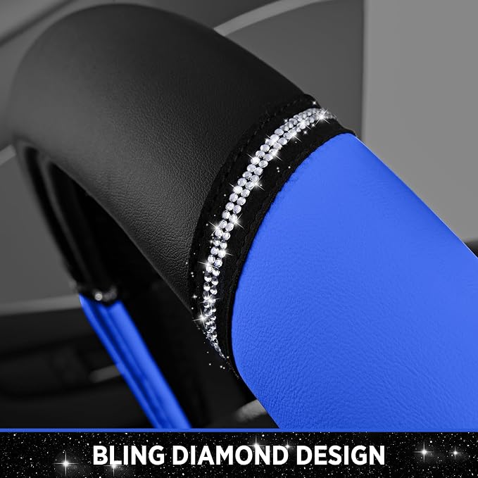Leather Steering Wheel Cover - Made with PVC Leather - Anti-Slip, Universal Fit 14 1/2 inches to 15 inches - Blue