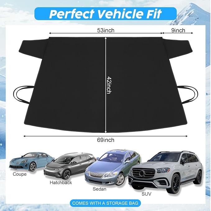 Windshield Cover for Ice and Snow Heavy Duty 600d Oxford Fabric Windshield Protector for Cars Suvs Trucks Secure Fit Waterproof Frost Cover for Winter Car Accessories, Black, 69"x42"