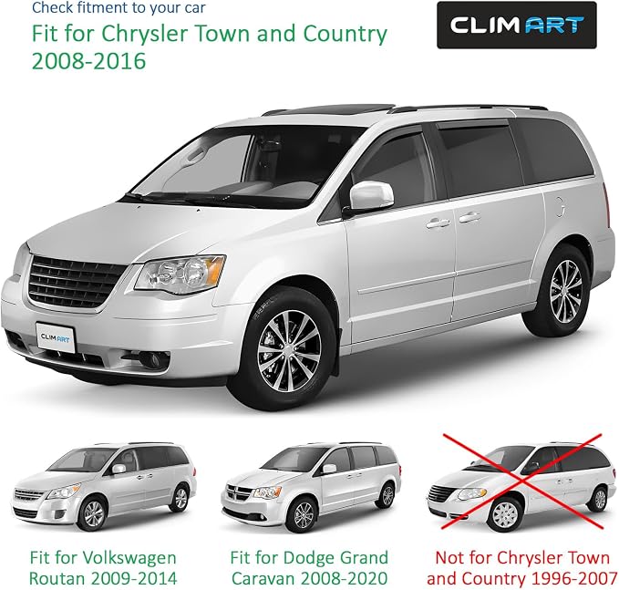 in-Channel Incredibly Durable Rain Guards for Chrysler Town and Country 2008-2016, Original Window Deflectors, Vent Window Visors, Vent Deflector, 4 pcs.- 608320