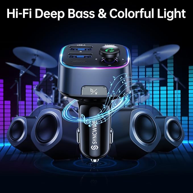 Bluetooth 5.4 FM Transmitter Car Adapter 48W(PD 36W & 12W) [Light Switch] [Hi-Fi Deep Bass] [Fast Charging] Wireless Radio Music Adapter LED Display Hands-Free Calling Support USB Drive