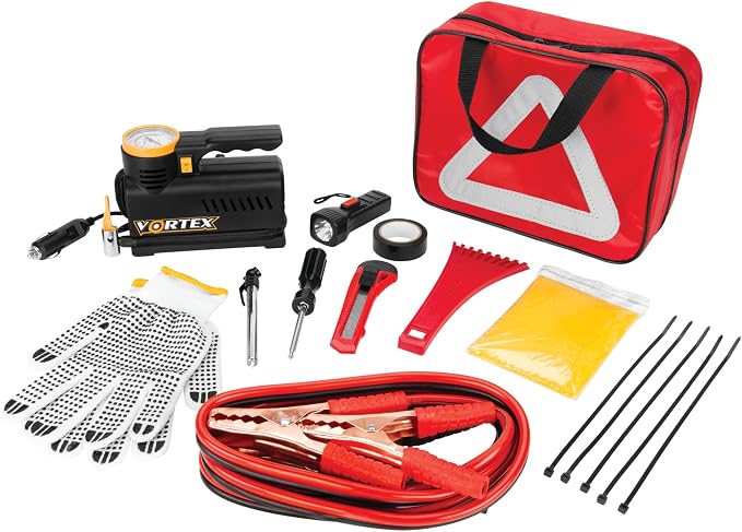 E00012 22 pc. Essential Roadside Assistance Kit: 12V Vortex Tire Inflator, Booster Cables, LED Flashlight, Safety Tools, Emergency Kit, Toolkit with Cable ties, Gloves, Storage Case