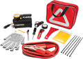 E00012 22 pc. Essential Roadside Assistance Kit: 12V Vortex Tire Inflator, Booster Cables, LED Flashlight, Safety Tools, Emergency Kit, Toolkit with Cable ties, Gloves, Storage Case