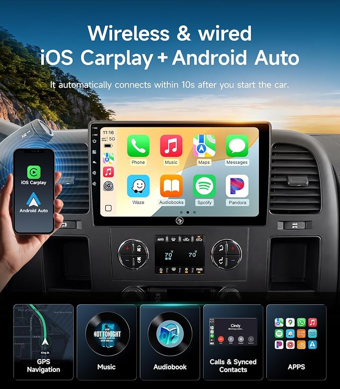 Car Radio Stereo for Chevy Silverado GMC Sierra 07-13, CarPlay Android Auto | 10.2-inch IPS HD touchscreen, 64G storage, 5G WiFi GPS, Bluetooth FM AM SWC, plug-and-play, 1080P backup camera