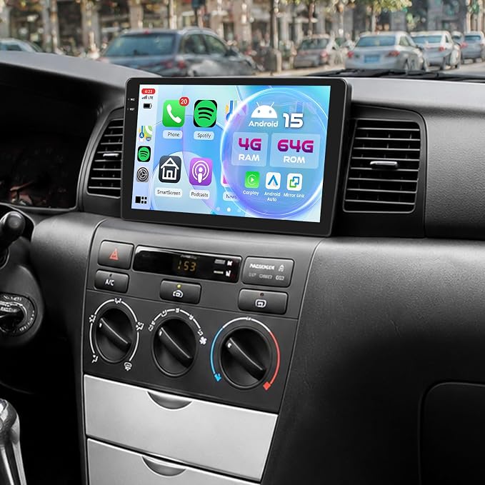 5Ghz WiFi [4G+64G] Android 15 Car Radio for Toyota Corolla EX 2005-2012 Car Stereo with Wireless Carplay/Android Auto, 9 Inch HD Touch Screen with GPS Bluetooth FM/RDS EQ SWC Backup Camera MIC