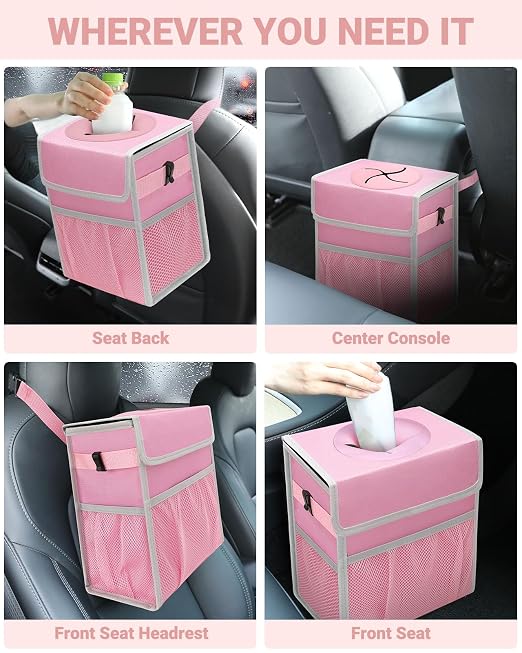Car Trash Can with Lid, Leakproof Car Trash Bag Hanging Waterproof Automotive Garbage Can with Storage Pockets Mini Vehicle Trash Bin for Back/Front Seat(Pink,2.5 Gallon)