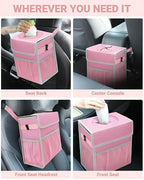 Car Trash Can with Lid, Leakproof Car Trash Bag Hanging Waterproof Automotive Garbage Can with Storage Pockets Mini Vehicle Trash Bin for Back/Front Seat(Pink,2.5 Gallon)