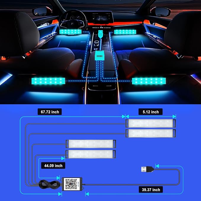 Interior Car Lights, 4Pcs Car LED Lights with Music Mode and Scene Options, Footwell Lighting for Car with Smart APP Control & USB Charger for Truck DC 5V
