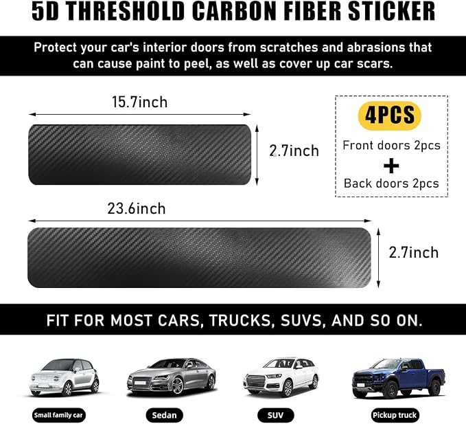 4 PCS Car Door Sill Protectors, Anti Scratch Carbon Fiber Auto Threshold Cover Strips, Decorative Door Entry Edge Scuff Sticker Universal for Most Vehicles, Car Accessories (Black 5D)