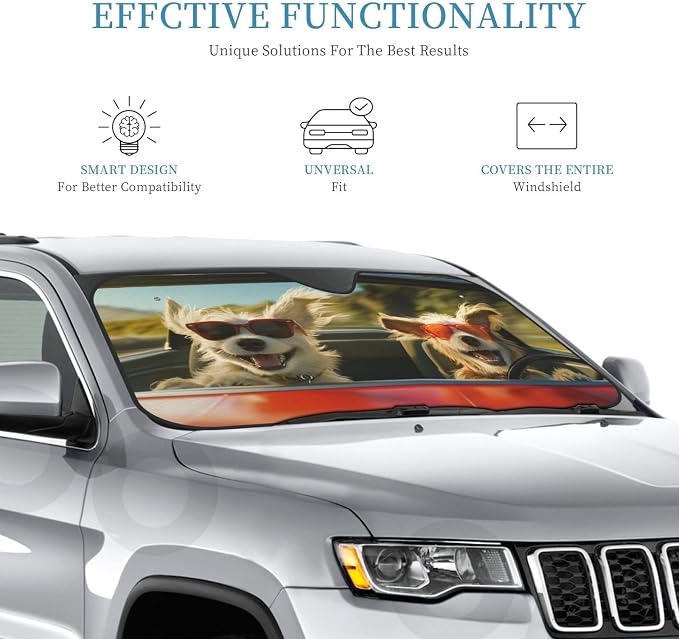 Windshield Sun Shade Dog Driving Car Funny Car Front Window Sunshade Cover for Truck SUV Blocks UV Rays Automotive Visor Interior Protector 55 x 30 inch