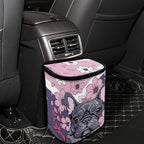French Bulldog Cherry Blossom Print Car Trash Can with Lid, Leak Proof Auto Trash Bag Hanging Vehicle Garbage Can Multipurpose Storage Container for Back Seat Road Trip