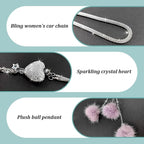 Bling Diamond Heart Car Interior Accessories, Car Mirror Hanging Ornament for Women, Love Heart & Pink Plush Ball Decor Ornament Pendant (Light Purple)