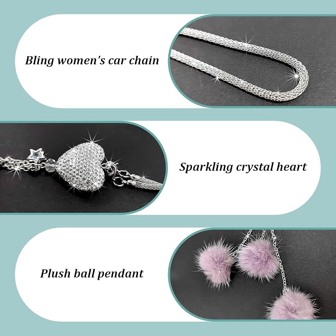 Bling Diamond Heart Car Interior Accessories, Car Mirror Hanging Ornament for Women, Love Heart & Pink Plush Ball Decor Ornament Pendant (Light Purple)