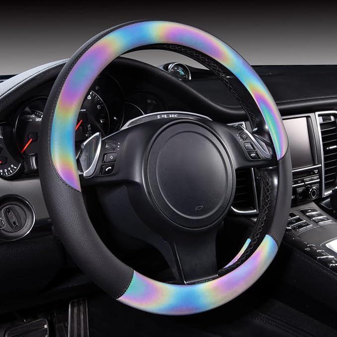 Chameleon Iridescent Reflective PU Leather Steering Wheel Cover,15Inch Universal Fit for 95% Suvs,Sedans,Vans,Trucks for Unique Cute Women Lady Girly(Black Colorful Color Change) Multicolor