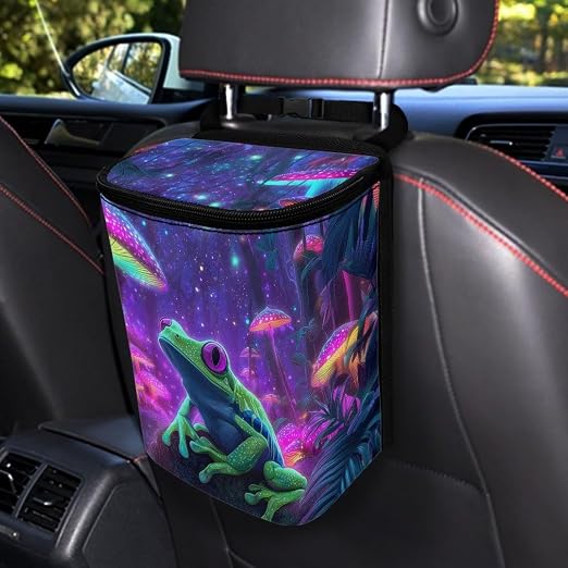 Frog Mushroom Galaxy Print Car Trash Can with Lid, Leak Proof Auto Trash Bag Hanging Vehicle Garbage Can Multipurpose Storage Container for Back Seat Road Trip