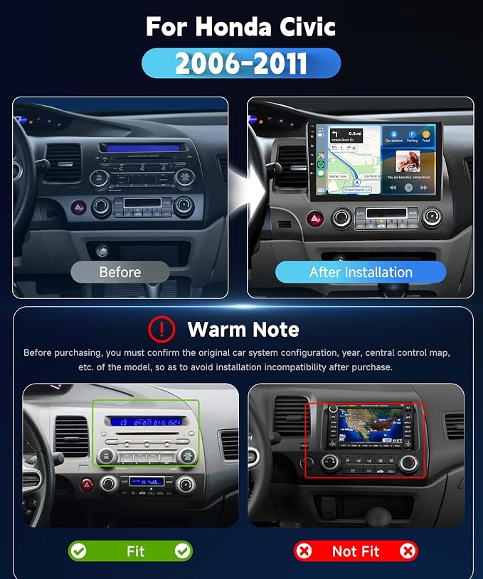 4+64G Car Sereo for Honda Civic 2006 2007 2008 2009 2010 2011 | Android 15.0 Car Radio with Wireless Carplay Android Auto 10.1 Inch Touch Screen Bluetooth 5G WiFi GPS SWC Backup Camera