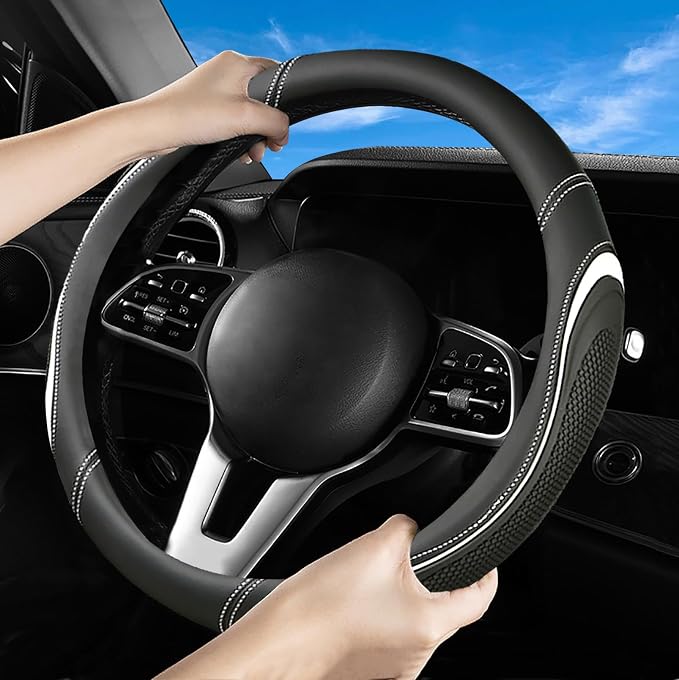Leather Splicing Black White Car Steering Wheel Cover,14.5-15 Inch Universal Microfiber Leather Covers Breathable Anti-Slip Odorless Steering Wheels Accessories for Men Women