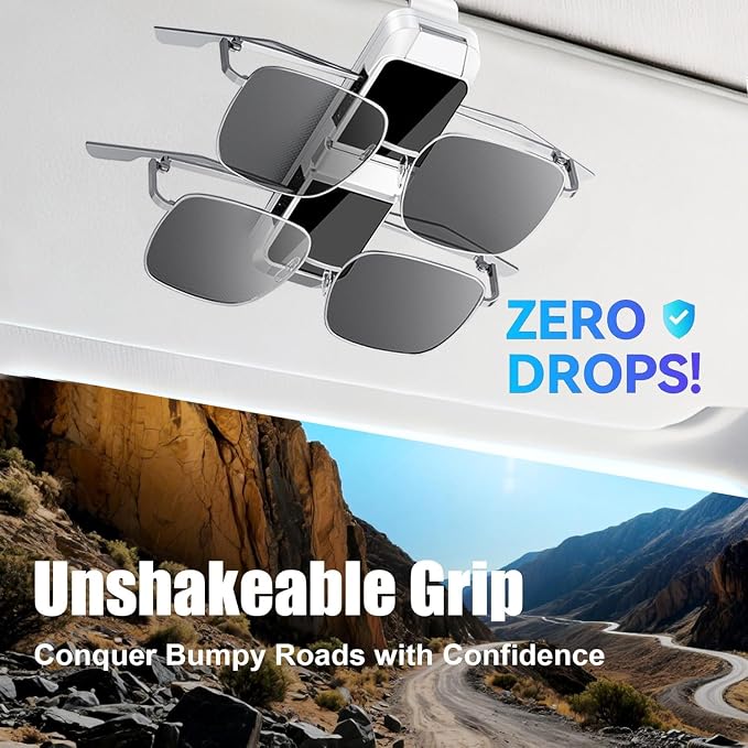 2 Pack Sunglasses Holder for Car, One-Handed-Operation Visor Sunglass Holder Clip, Easy Access Storage for Driving,Universal Fits (Double Holder - White)