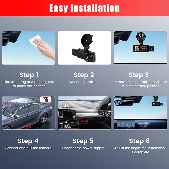 2.5K 3 Channel Dash Cam 360° View,3.16'' DashCam Front and Rear Inside Camera for Cars,WiFi & APP/GPS/Night Vision/Loop Recording/G-Sensor/24H Parking Mode/Suction Cup,Included 64G Card