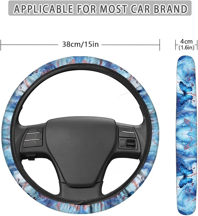 Sweat Absorption Steering Wheel Cover for SUV Van Truck Car Butterfly Marble Texture Blue Pattern Universal Car Wheel Cover Polyester Cover with Anti-Slip Lining
