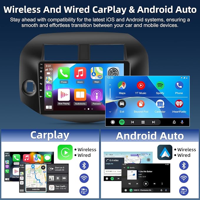 4+64G Android Car Stereo for Toyota RAV4 2007-2011, Wireless Carplay & Android Auto - 10 Inch IPS Touchscreen Radio with 32EQ DSP, WiFi, FM RDS, GPS, Mirror Link + AHD Rear View Camera