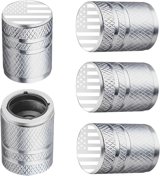 American Flag Tire Valve Stem Caps - (5 Pack) Metal Air Caps with Plastic Liner, Corrosion Resistant, Leak-Proof, Universal Stem Covers for Cars Trucks Motorcycles and Bikes - Silver