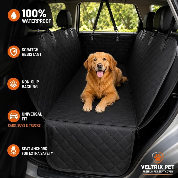 Dog Car Seat Cover for Back Seat - 100% Waterproof Hammock with Side Flaps, Non-Slip Pet Seat Protector, Scratch Resistant Heavy Duty Oxford Fabric, Fits Cars, Trucks & SUVs