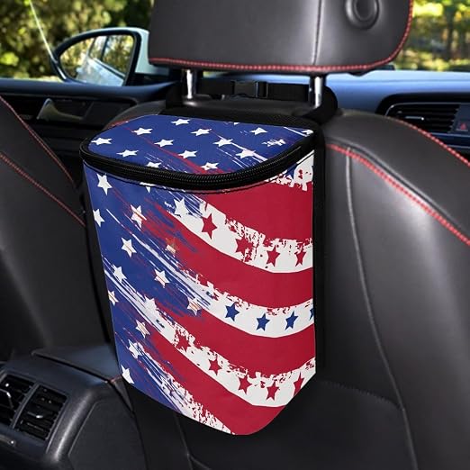 American Flag Star Print Car Trash Can with Lid, 4th of July Leak Proof Auto Trash Bag Hanging Vehicle Garbage Can Multipurpose Storage Container for Back Seat Road Trip