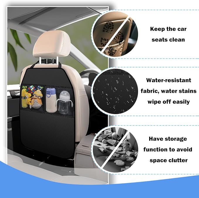 2PCS Back Seat Cover for Kids,Anti-Slip Design Kick Mats Back Seats Protector with 2 Storage Mesh Pockets for Cars,Easy-to-Clean Backs of Seats Protector for Kids Feet Car Seat
