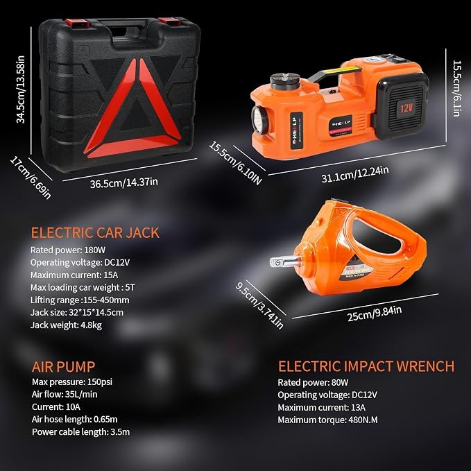 Electric Car Jack Kit 5Ton 12V Hydraulic Car Jack Lift (Lifting Range: 6.1~17.7 inch) with Electric Impact Wrench for SUV MPV Sedan Truck Change Tires Garage Repair