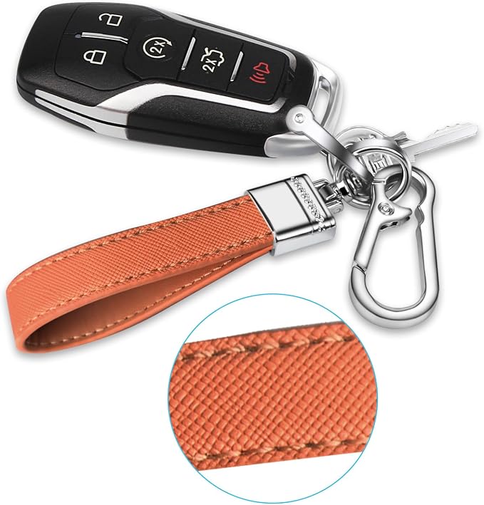 Genuine Leather Car Keychain,Universal Heavy Duty Metal Key Chain Accessories,Car Fob Key Keychain Holder with 360 Degree Rotatable Snap Swivel and Anti-Lost D-Ring for Men Women(Orange)