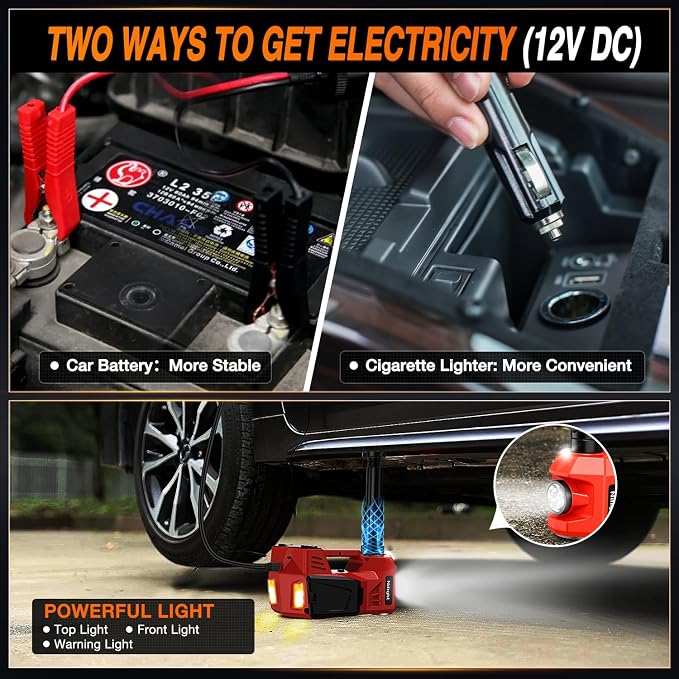 Electric Car Jack Kit 5 Ton 12V Hydraulic Car Jack with Impact Wrench, 3 in 1 Portable Electric Floor Jack with Tire Inflator Pump LED Light for Sedan SUV Truck Change Tire Garage Repair