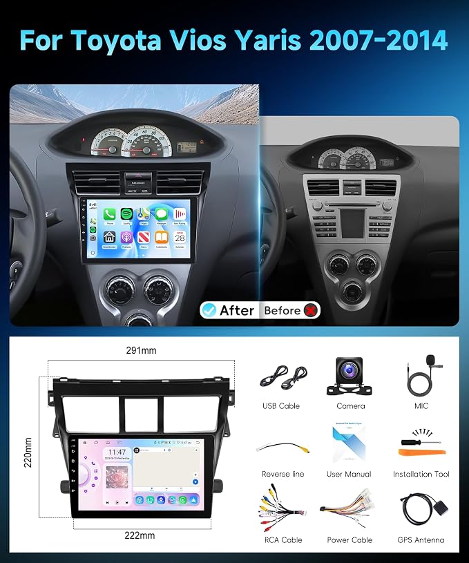 8 Core 6G+128G Android 15 Car Stereo for Toyota Yaris Vios 2007-2014, Wireless Carplay Android Auto, 9'' Touchscreen Radio with 360° Panoramic View GPS/BT 5.0/FM/DSP/5G-WiFi Backup Camera SWC