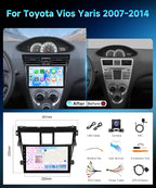 8 Core 6G+128G Android 15 Car Stereo for Toyota Yaris Vios 2007-2014, Wireless Carplay Android Auto, 9'' Touchscreen Radio with 360° Panoramic View GPS/BT 5.0/FM/DSP/5G-WiFi Backup Camera SWC