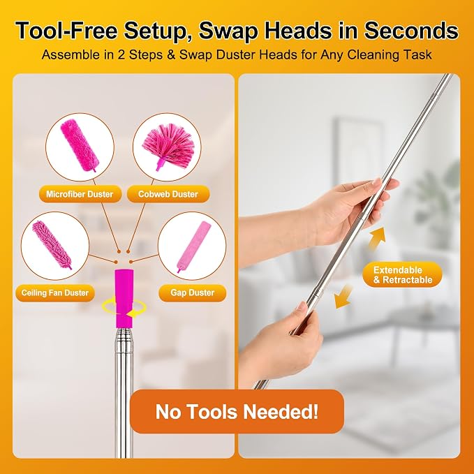 5-in-1 Duster with Extension Pole 100 inch Extendable Dusters for Cleaning Anti-Spin Reusable Dusting Kits for High Ceiling Fans, Cobwebs & Vents, Reinforced Stainless Steel Telescopic Handle