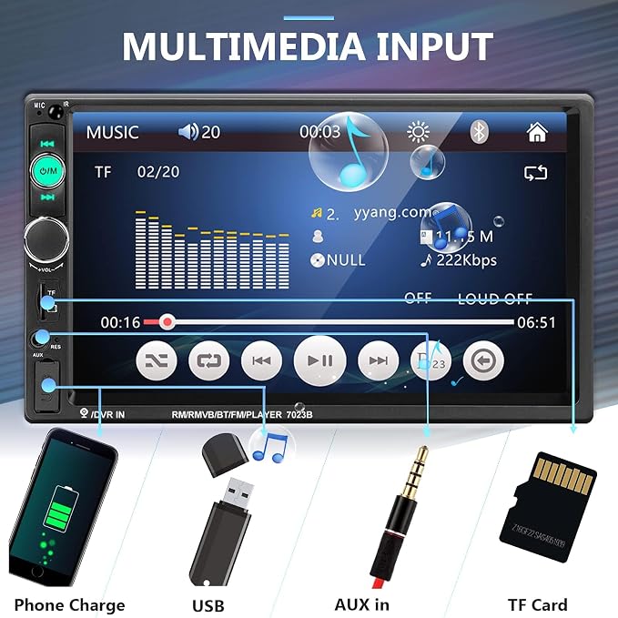 Car Stereo Double Din Car Radio 7 Inch MP5 Player with HD Touch Screen Digital Display Bluetooth Multimedia Support PhoneLink USB SD Aux-in 2 Din Autoradio with Backup Camera
