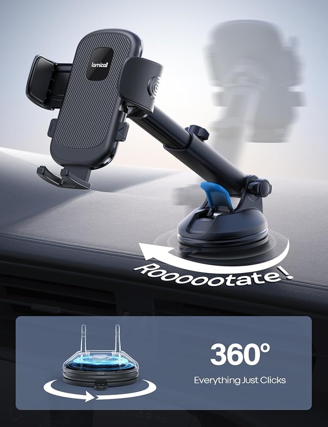 Car Phone Holder - [Strongest Military-Grade Suction Cup] 360° Rotation Phone Holders for Your Car Quick Release Adjustable Phone Mount for Car Dashboard for iPhone 17 16 Pro Max Dark Grey