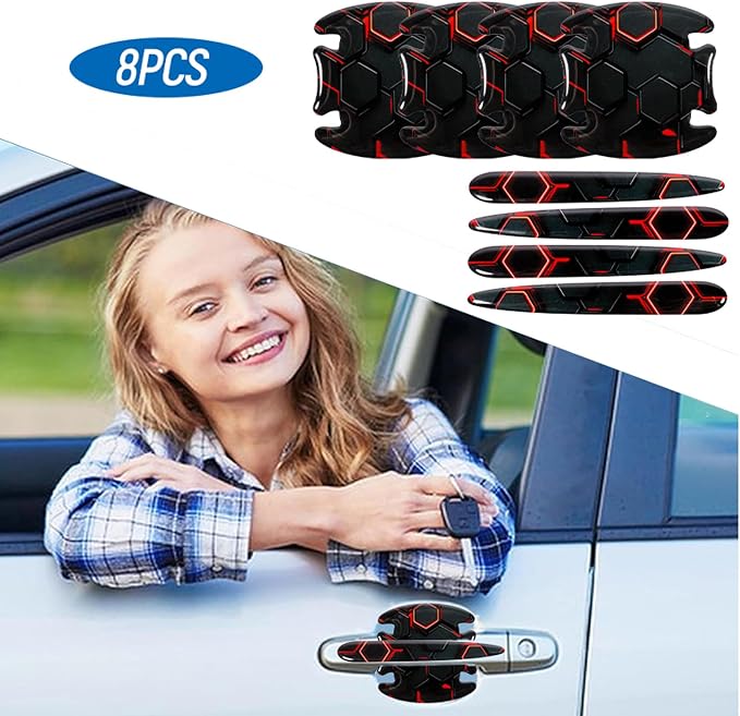 8PCS Car Door Handle Scratch Protectors,3D Patterned-Marking，Anti Scratch, Automotive Door Handle Paint Protective Film Cover Accessories, Universal for Most Cars (Black-Pink)